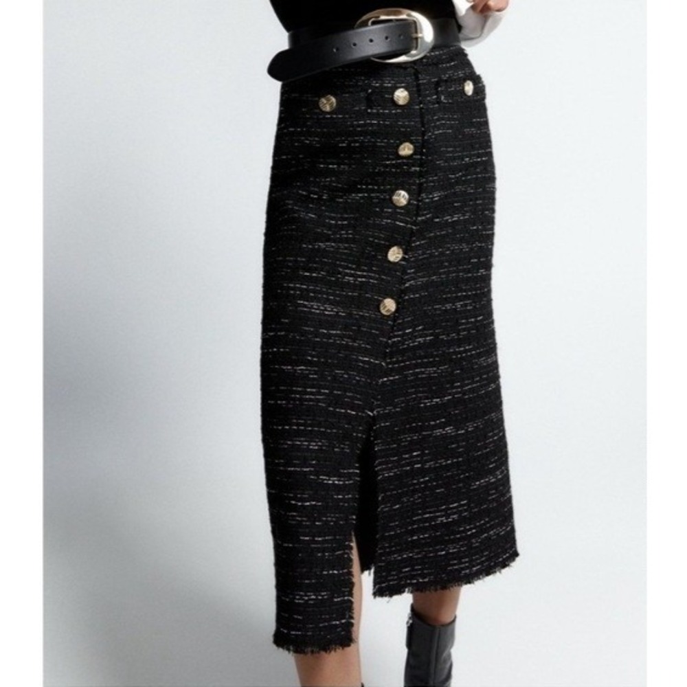 Zara Skirt Black Textured Tweed High Waist Midi Pencil Button Down Womens Large